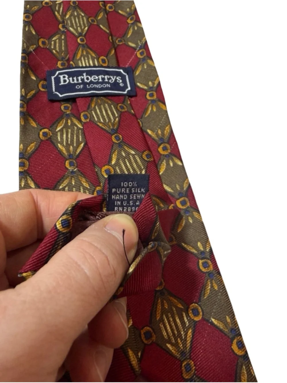 Burberrys London Silk Tie Red Gold Geometric Medallion Vintage Luxury